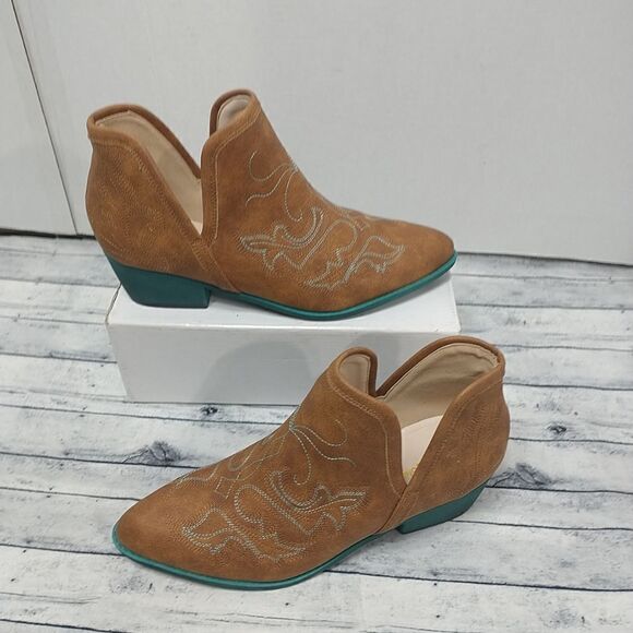 Jolimall Women SZ 11 Split Ankle Boot Cognac with Teal Soles Stitch Western . - Picture 4 of 10